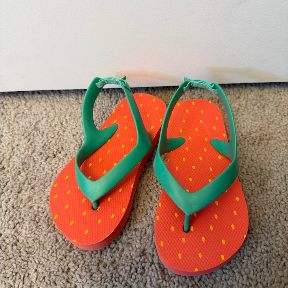Old Navy Orange Sandals with Green Straps and Yellow Dots